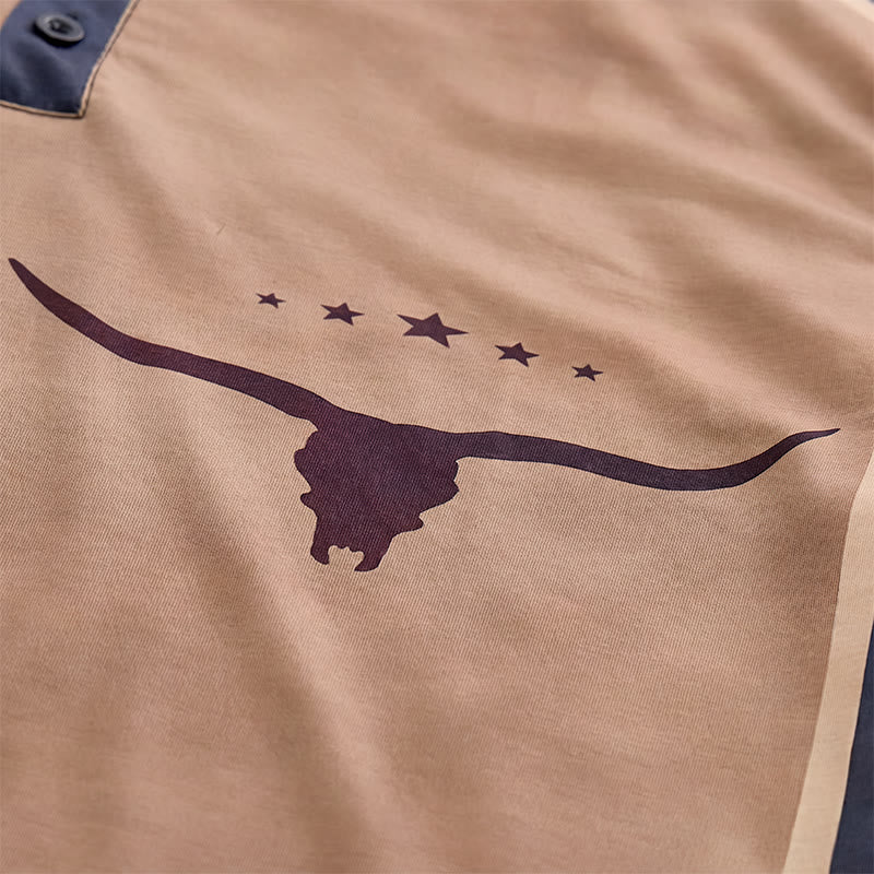 Men's Vintage Two-tone Western Bull Print Henley Shirt - image 5