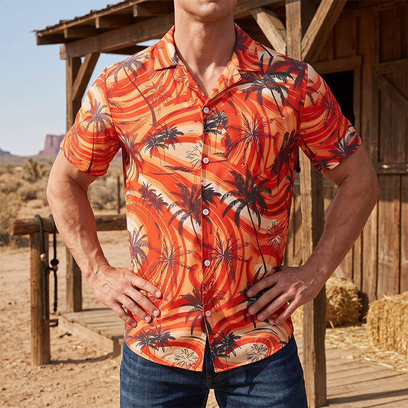 Men's Orange Wave Palm Tree Summer Beach Casual Shirt - Orange - 5XL - image 0