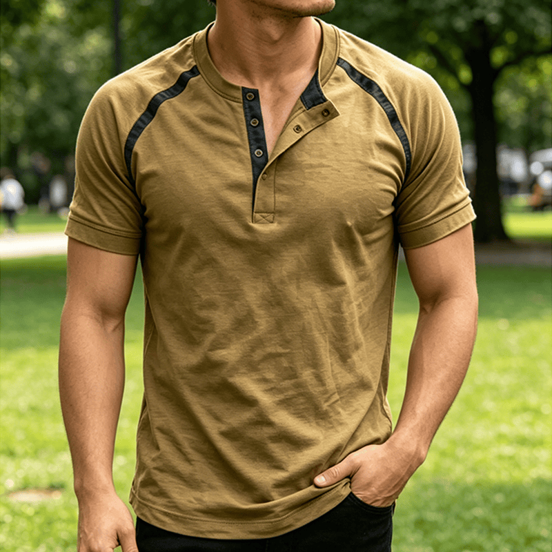 Men's Vintage Washed Summer Casual Henley Shirt - Khaki - 5XL - image 5