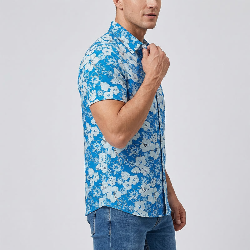 Men's Two-Tone Blue Hibiscus Floral Print Casual Beach Shirts - image 2