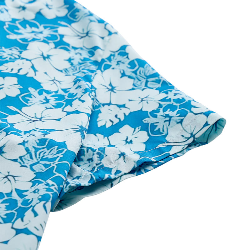 Men's Two-Tone Blue Hibiscus Floral Print Casual Beach Shirts - image 7