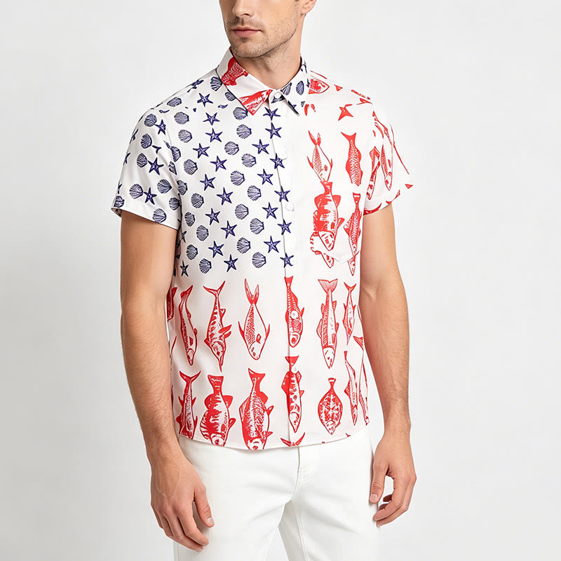 Patriotic American Flag & Fish Print Short Sleeve Shirt - image 2