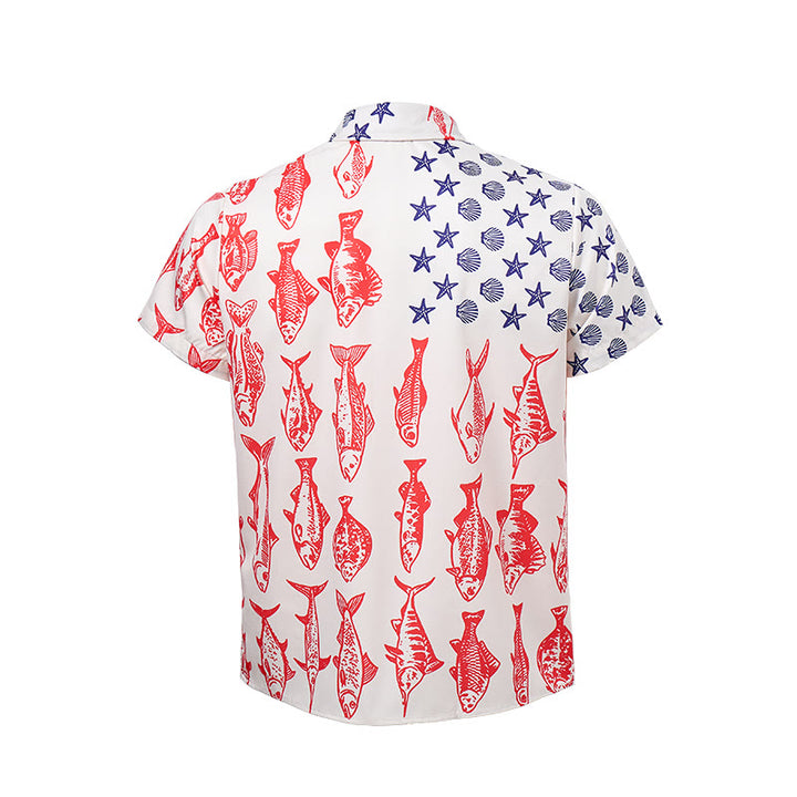 Patriotic American Flag & Fish Print Short Sleeve Shirt - image 10