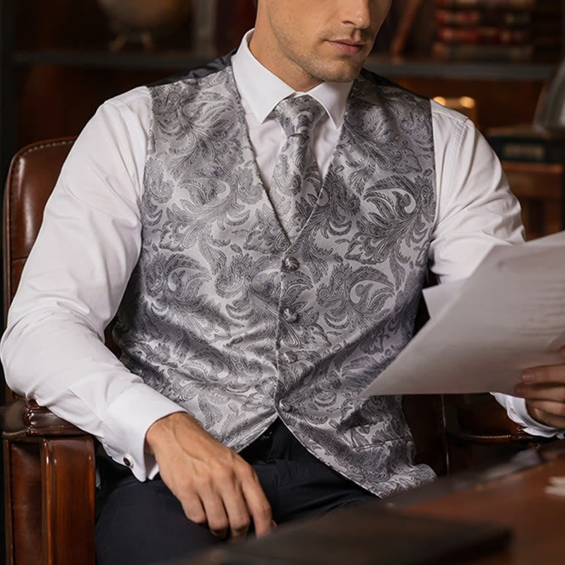 Men's All-match Paisley Pattern Waistcoat 4-in-1 Outfit Set Suit Vest - Silver Grey - 3XL - image 6