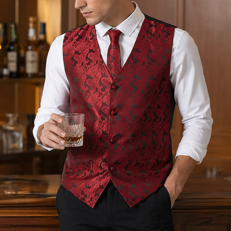 Men's All-match Paisley Pattern Waistcoat 4-in-1 Outfit Set Suit Vest - Wine - 3XL - image 0