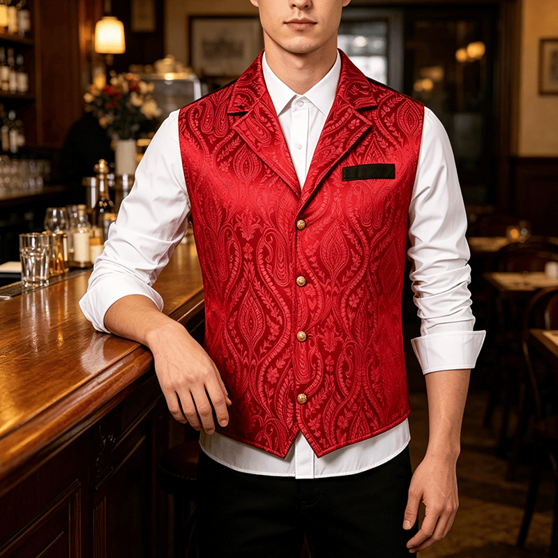 Men's Victorian Floral Jacquard Gothic Formal Chenille Suit Vest - Wine - 2XL - image 5