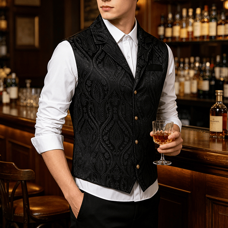 Men's Victorian Floral Jacquard Gothic Formal Chenille Suit Vest - Black - 2XL - image 4