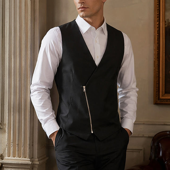 Men's Modern V-Neck Asymmetric Zipper Suit Vest - Black - 2XL - image 4
