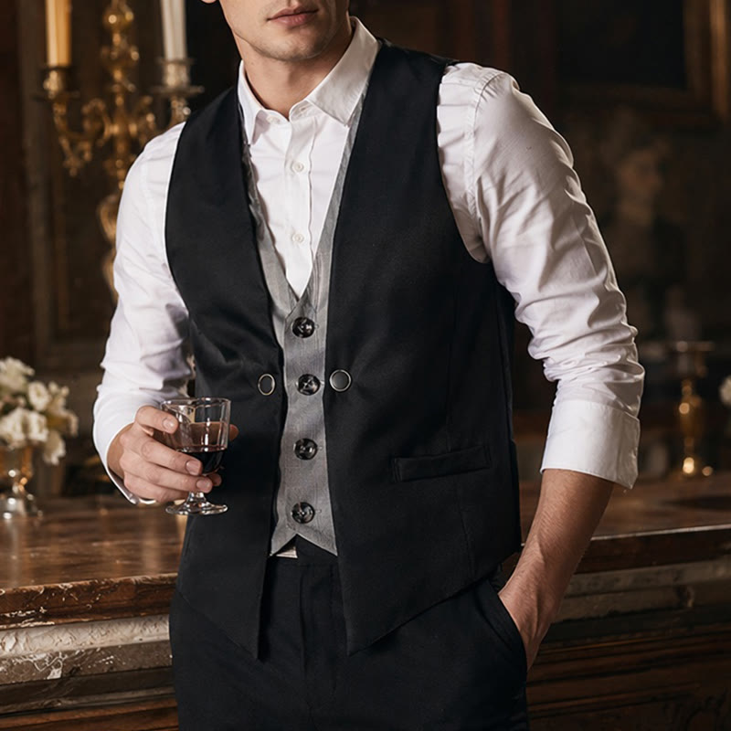 Men's Urban Two-Tone Faux Layered Design Suit Vest - Black - 2XL - image 0