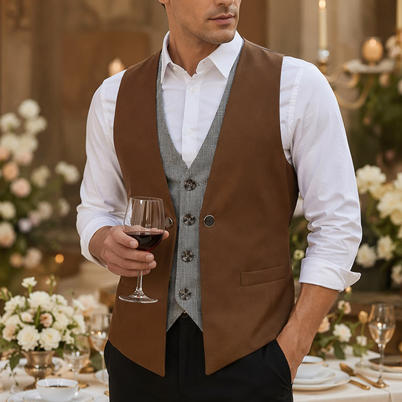 Men's Urban Two-Tone Faux Layered Design Suit Vest - Brown - 2XL - image 4