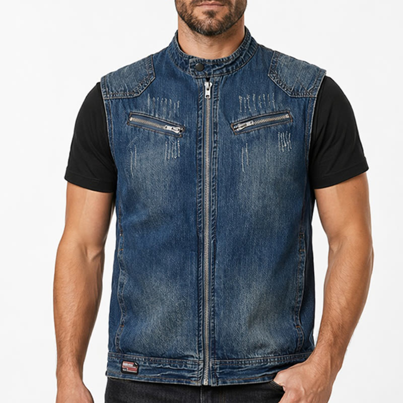 Men's Urban Rebel Zipper Biker Style Washed Denim Vest - image 1