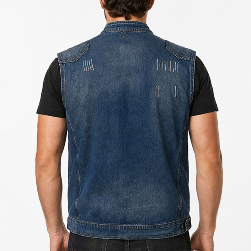 Men's Urban Rebel Zipper Biker Style Washed Denim Vest - image 2