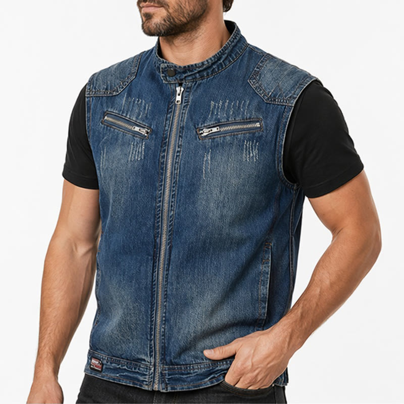 Men's Urban Rebel Zipper Biker Style Washed Denim Vest - image 3