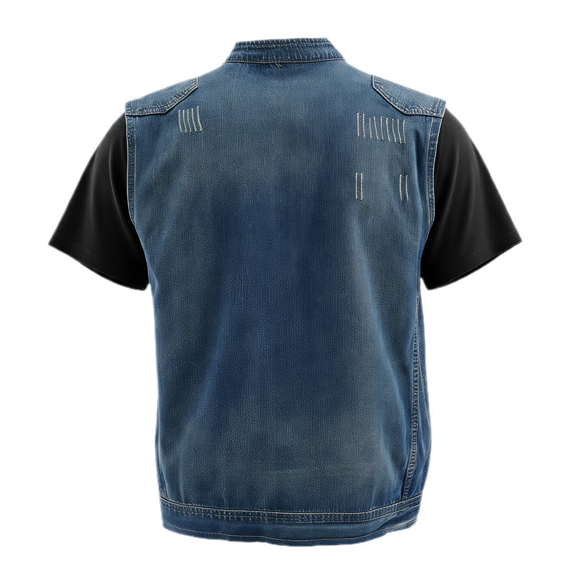 Men's Urban Rebel Zipper Biker Style Washed Denim Vest - image 9