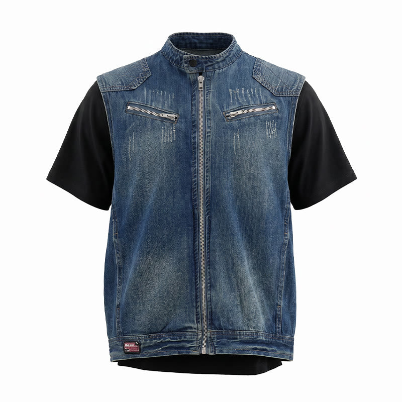 Men's Urban Rebel Zipper Biker Style Washed Denim Vest - image 8