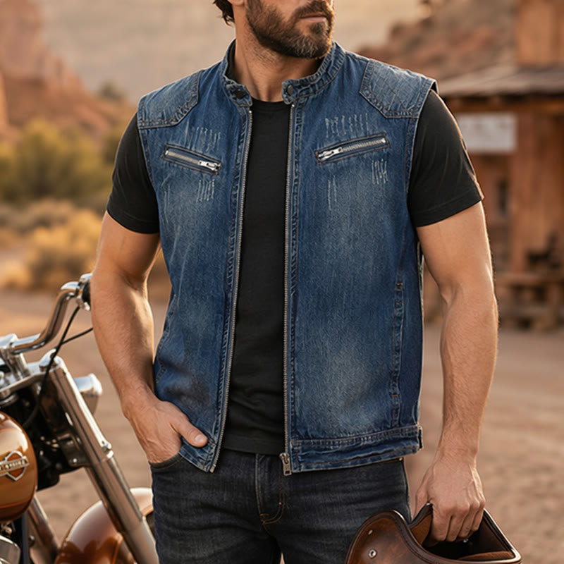Men's Urban Rebel Zipper Biker Style Washed Denim Vest - Blue - 6XL - image 0