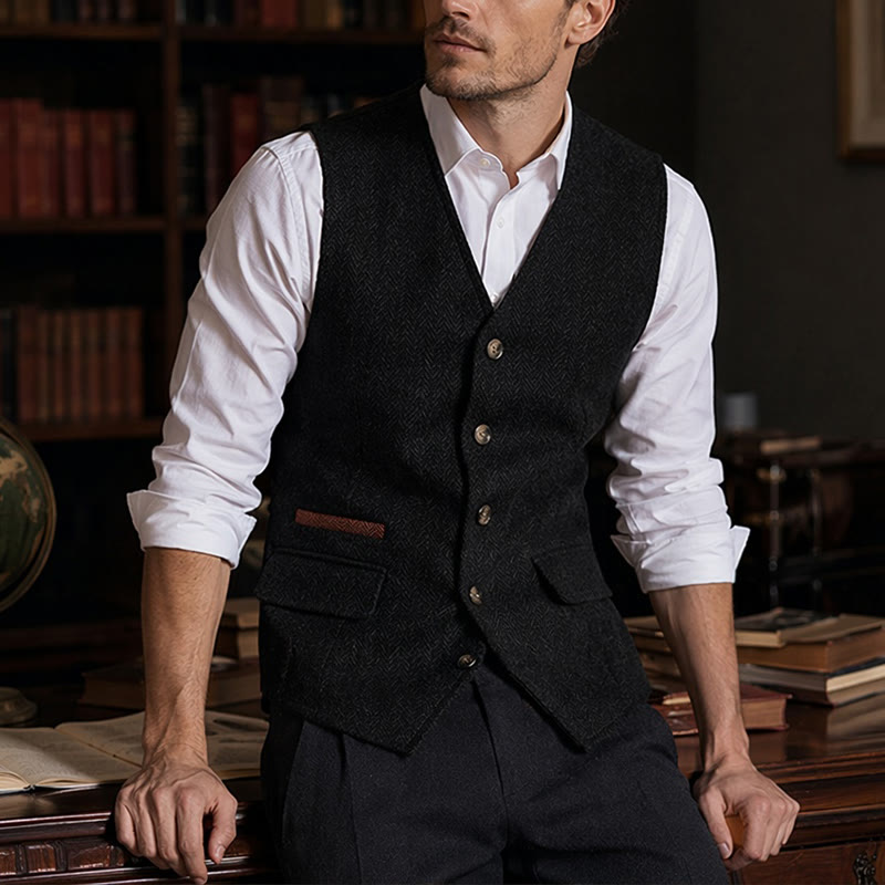 Men's British Herringbone Thick Casual Suit Vest - Black - 3XL - image 8