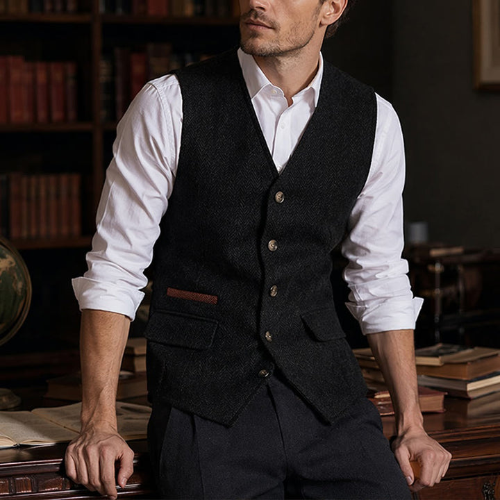 Men's British Herringbone Thick Casual Suit Vest - Black - 3XL - image 8