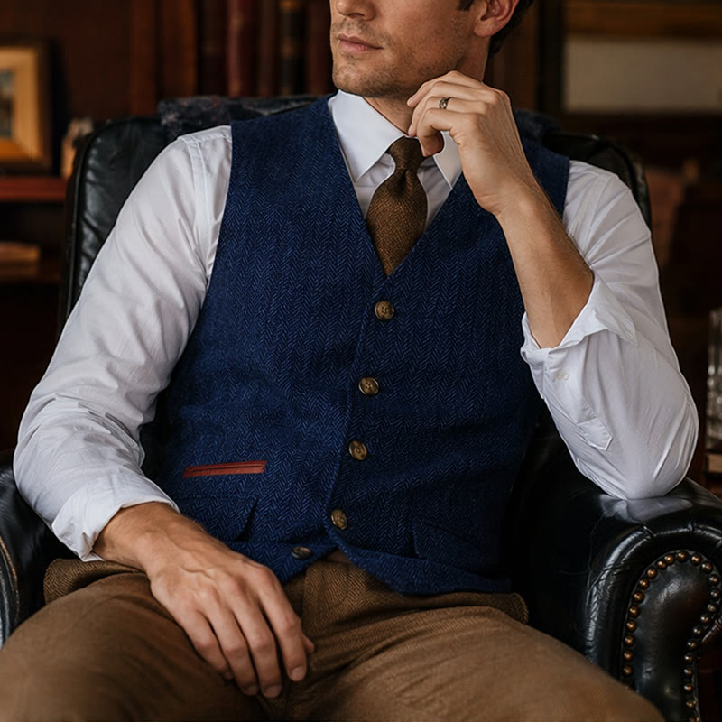 Men's British Herringbone Thick Casual Suit Vest - Blue - 3XL - image 14