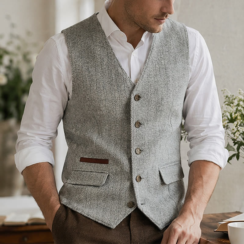 Men's British Herringbone Thick Casual Suit Vest - Silver - 3XL - image 12