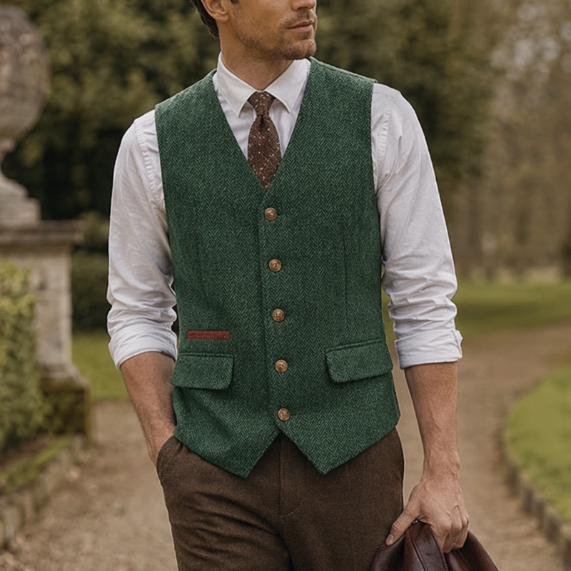 Men's British Herringbone Thick Casual Suit Vest - Green - 3XL - image 7