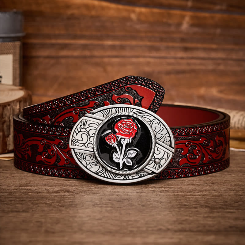 Romantic Red Rose DIY Hidden Folding Knife Buckle Leather Belt - Red Rose - Brown Carved Belt - 42 - image 6