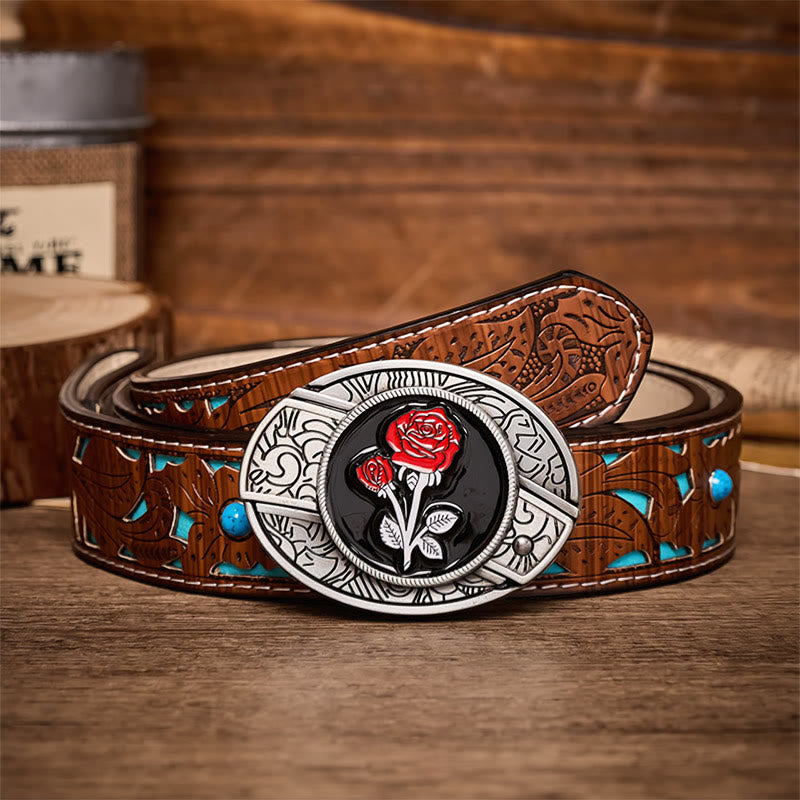 Romantic Red Rose DIY Hidden Folding Knife Buckle Leather Belt - Red Rose - Turquoise Carved Belt - 42 - image 3