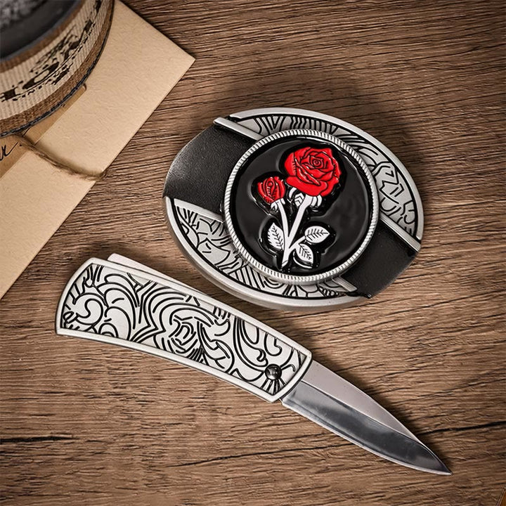 Romantic Red Rose DIY Hidden Folding Knife Buckle Leather Belt - image 1