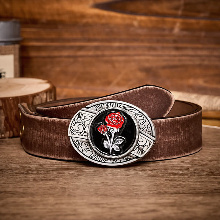 Romantic Red Rose DIY Hidden Folding Knife Buckle Leather Belt - Red Rose - Brown Distressed Belt - 42 - image 5