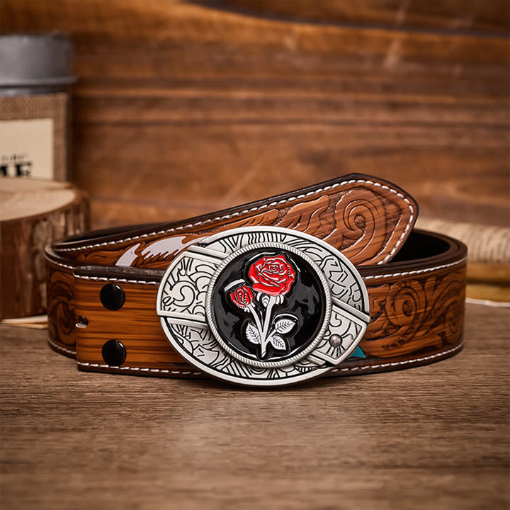 Romantic Red Rose DIY Hidden Folding Knife Buckle Leather Belt - Red Rose - Brown Feather Belt - 40 - image 7