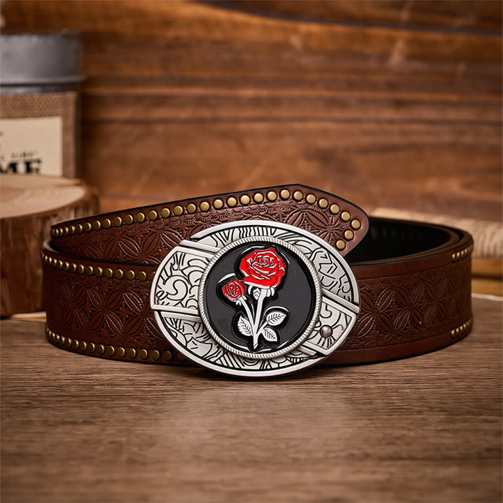 Romantic Red Rose DIY Hidden Folding Knife Buckle Leather Belt - Red Rose - Brown Rivet Belt - 42 - image 4