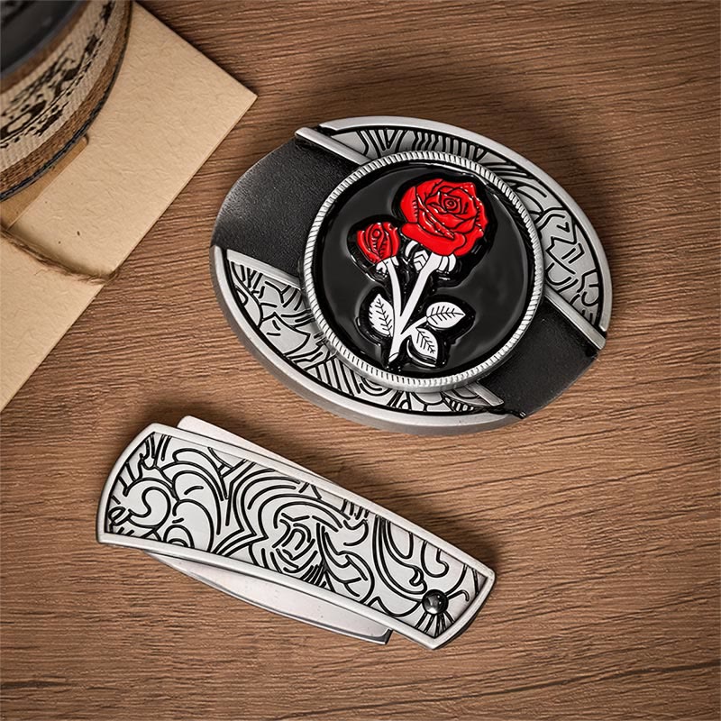 Romantic Red Rose DIY Hidden Folding Knife Buckle Leather Belt - image 9