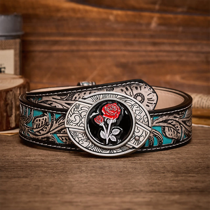 Romantic Red Rose DIY Hidden Folding Knife Buckle Leather Belt - Red Rose - Gray Floral Belt - 42 - image 8