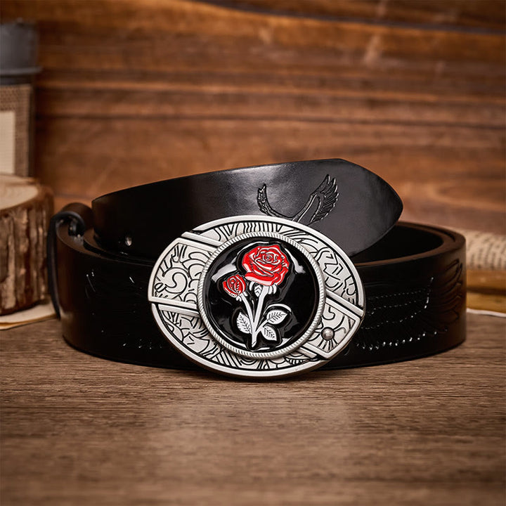 Romantic Red Rose DIY Hidden Folding Knife Buckle Leather Belt - Red Rose - Black Embossed Eagle Belt - 42 - image 2
