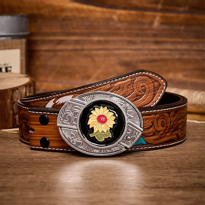 Sunshine Sunflower DIY Hidden Folding Knife Buckle Leather Belt - Sunflower - Brown Feather Belt - 40 - image 7