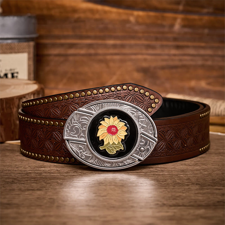 Sunshine Sunflower DIY Hidden Folding Knife Buckle Leather Belt - Sunflower - Brown Rivet Belt - 42 - image 4