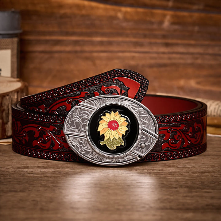 Sunshine Sunflower DIY Hidden Folding Knife Buckle Leather Belt - Sunflower - Brown Carved Belt - 42 - image 6