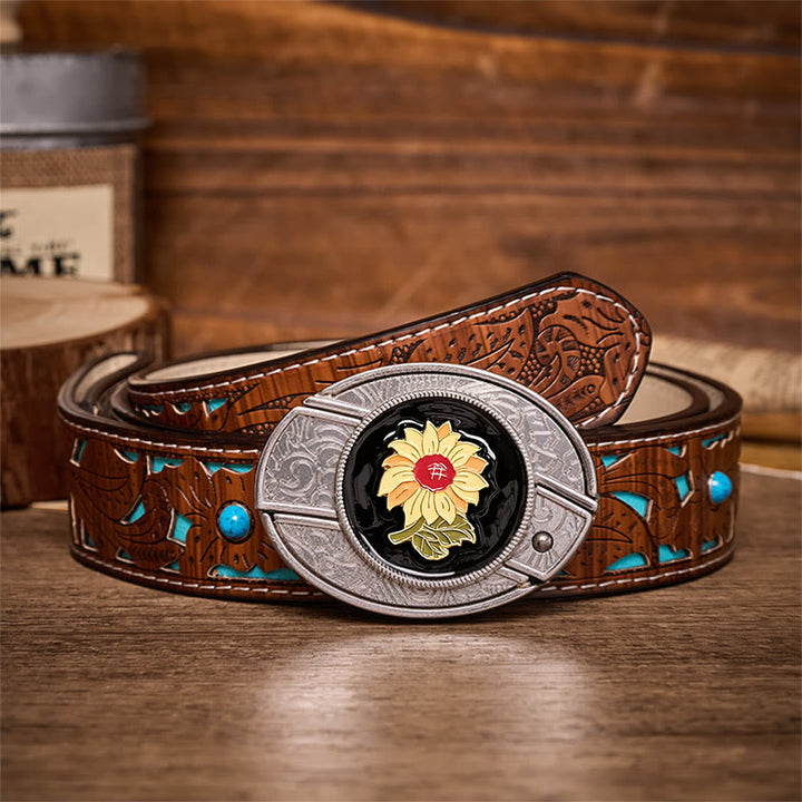 Sunshine Sunflower DIY Hidden Folding Knife Buckle Leather Belt - Sunflower - Turquoise Carved Belt - 42 - image 3