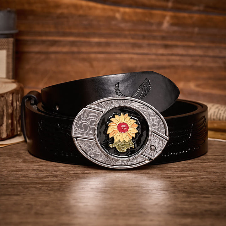 Sunshine Sunflower DIY Hidden Folding Knife Buckle Leather Belt - Sunflower - Black Embossed Eagle Belt - 42 - image 2