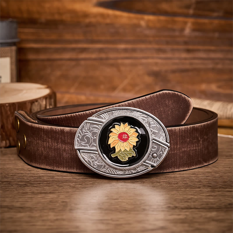 Sunshine Sunflower DIY Hidden Folding Knife Buckle Leather Belt - Sunflower - Brown Distressed Belt - 42 - image 5