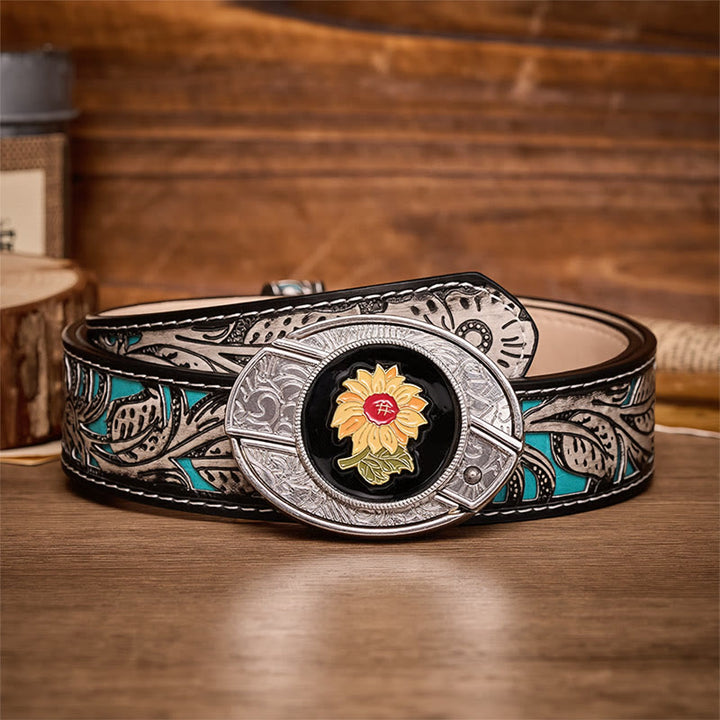 Sunshine Sunflower DIY Hidden Folding Knife Buckle Leather Belt - Sunflower - Gray Floral Belt - 42 - image 8