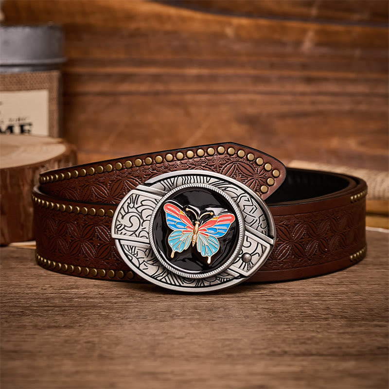Colorful Butterfly DIY Hidden Folding Knife Buckle Leather Belt - Butterfly - Brown Rivet Belt - 42 - image 4