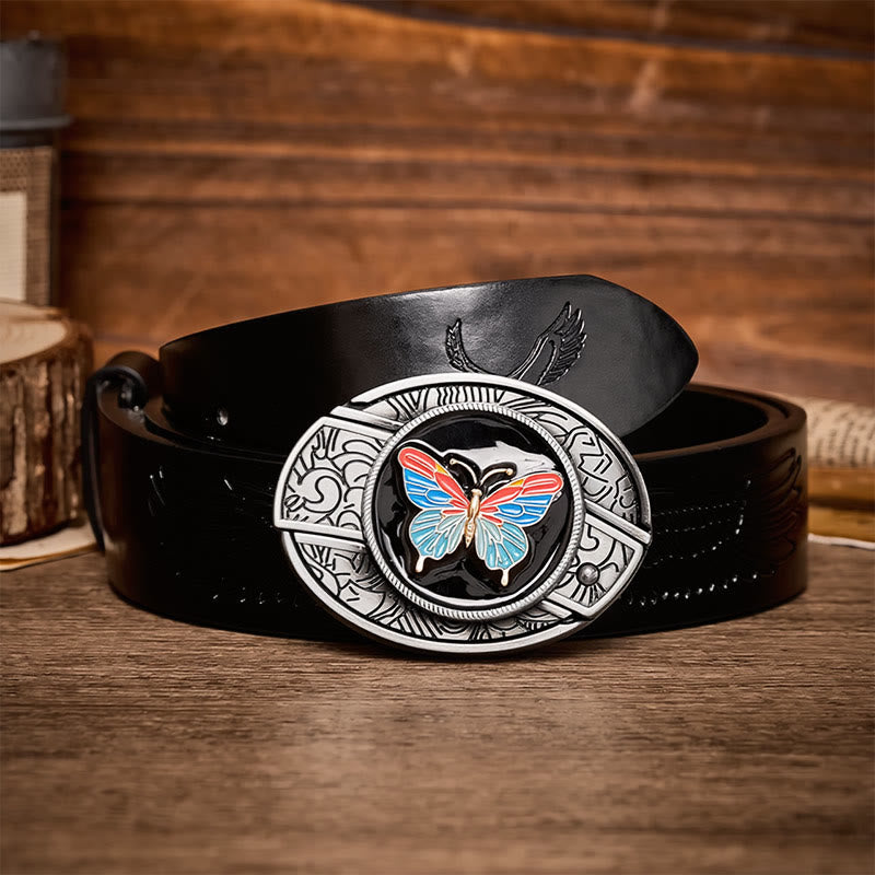 Colorful Butterfly DIY Hidden Folding Knife Buckle Leather Belt - Butterfly - Black Embossed Eagle Belt - 42 - image 2
