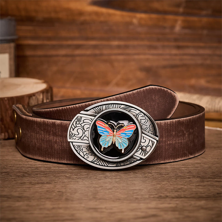 Colorful Butterfly DIY Hidden Folding Knife Buckle Leather Belt - Butterfly - Brown Distressed Belt - 42 - image 5