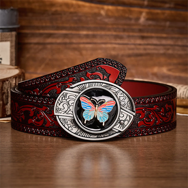Colorful Butterfly DIY Hidden Folding Knife Buckle Leather Belt - Butterfly - Brown Carved Belt - 42 - image 6
