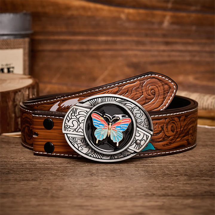 Colorful Butterfly DIY Hidden Folding Knife Buckle Leather Belt - Butterfly - Brown Feather Belt - 40 - image 7