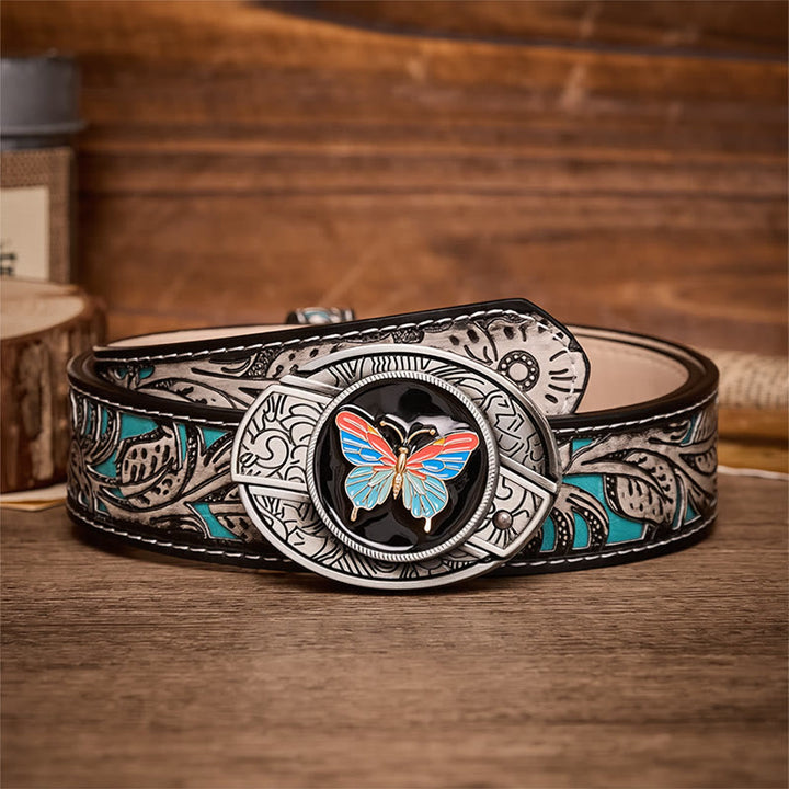 Colorful Butterfly DIY Hidden Folding Knife Buckle Leather Belt - Butterfly - Gray Floral Belt - 42 - image 8