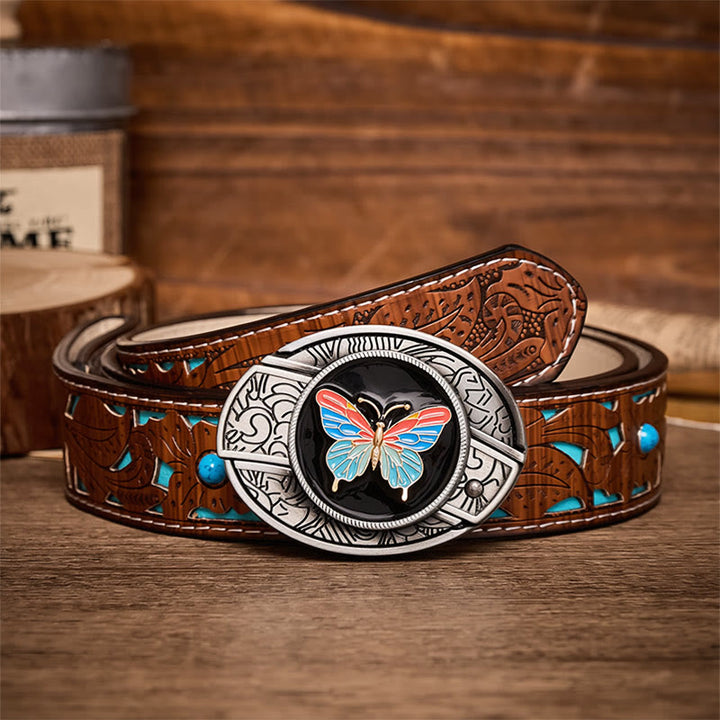 Colorful Butterfly DIY Hidden Folding Knife Buckle Leather Belt - Butterfly - Turquoise Carved Belt - 42 - image 3
