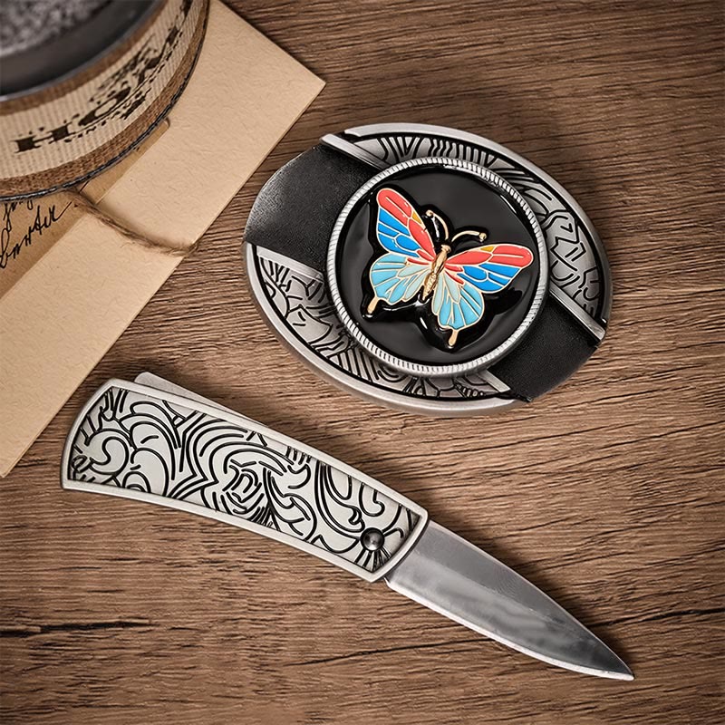 Colorful Butterfly DIY Hidden Folding Knife Buckle Leather Belt - image 1