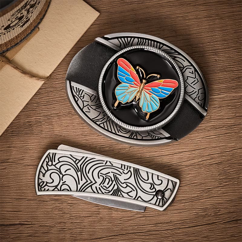 Colorful Butterfly DIY Hidden Folding Knife Buckle Leather Belt - image 9